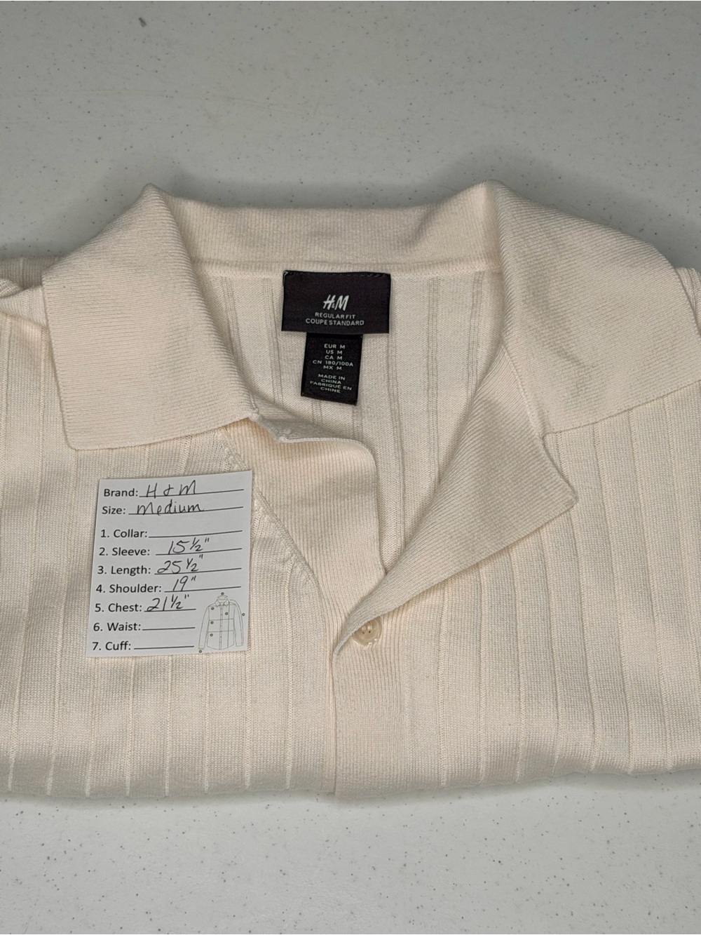 H&M Cream Regular-Fit Rib-Knit Button-Up Shirt - Size Medium - Picture 14 of 14